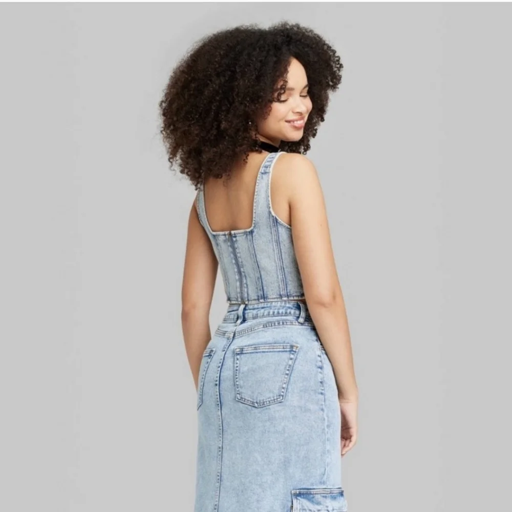 Wild Fable Women's Cropped Denim Corset Tank Top ~ Blue - Picture 2 of 16